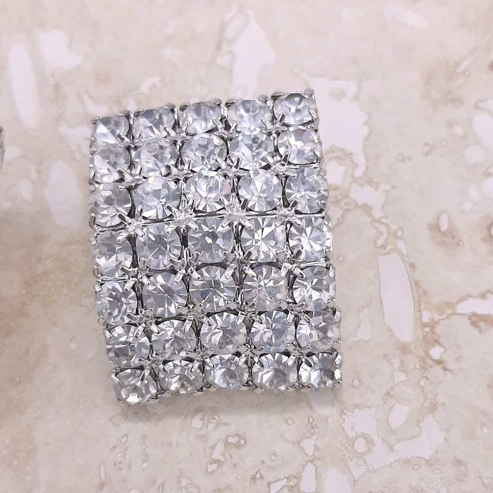 Clear Rhinestone Rectangle Bling Silver Tone Earr… - image 2